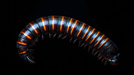 A detailed macro shot of a vibrant millipede against a black background.の写真素材