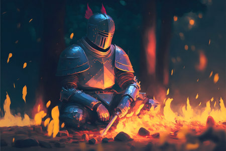 A digital painting of a knight in full armor sitting by a warm campfire in a dark forest.の写真素材