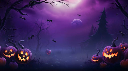 Jack-o'-lanterns glow in a dark forest, bats fly, and a full moon shines. Spooky Halloween atmosphere.の写真素材