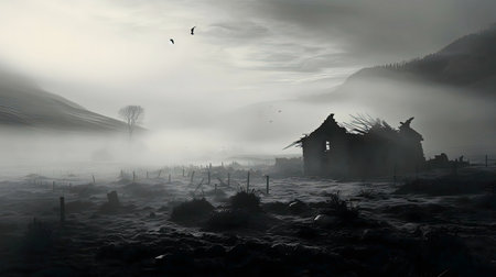 A solitary ruined house sits in a misty valley, birds flying overhead. Monochrome photo.