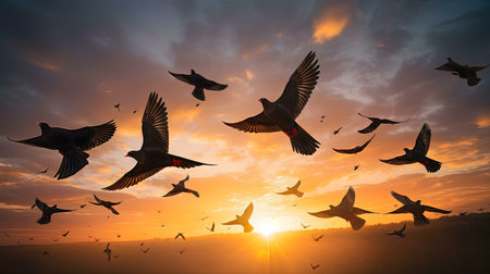 A breathtaking flock of birds silhouetted against a vibrant sunset.の写真素材