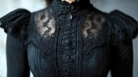 Close-up of a black Victorian blouse intricately with lace details.の写真素材