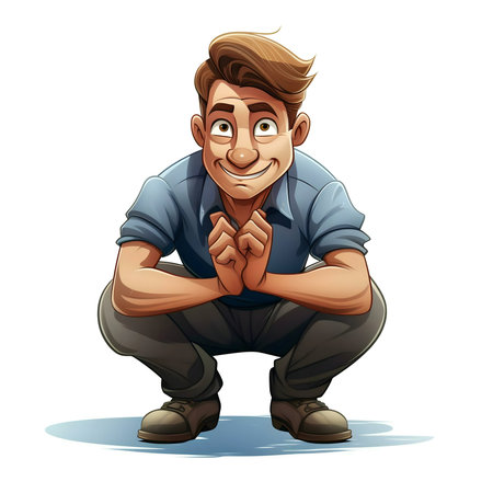 A joyful cartoon illustration of a man in a squatting position, full of happiness.の写真素材