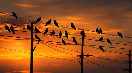 Silhouetted birds perched on powerlines at sunset. A vibrant sky