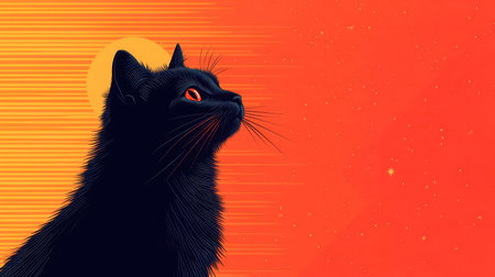 A striking illustration of a black cat silhouetted against a fiery orange and yellow sunset.の写真素材