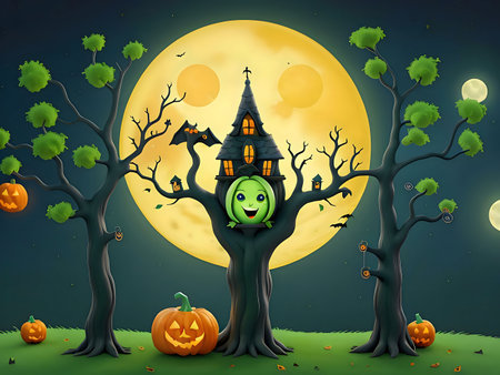 A whimsical Halloween illustration featuring a haunted treehouse, grinning pumpkins, and a full moon.の写真素材