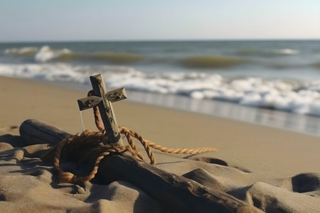 A wooden cross rests on a piece of driftwood on a sandy beach with ocean waves in the background.の写真素材
