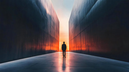 A man walks towards the light, symbolizing hope and new beginnings.の写真素材