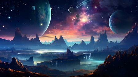 A surreal alien planet at night, with mountains, waterfalls, and vibrant planets in the sky.