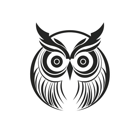A sleek, stylized owl illustration. Black and white graphic design.の写真素材