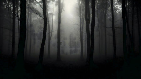 Dark and mysterious forest scene shrouded in thick fog.の写真素材
