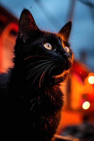 A captivating close-up of a black cat gazing into the distance, illuminated by warm light.の写真素材