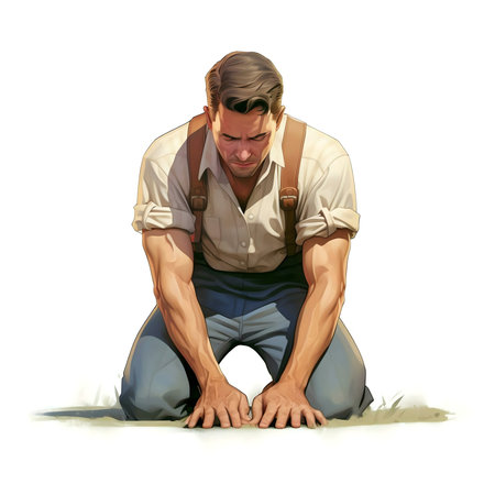 A digital painting of a man kneeling on the ground, head bowed down in quiet contemplation.