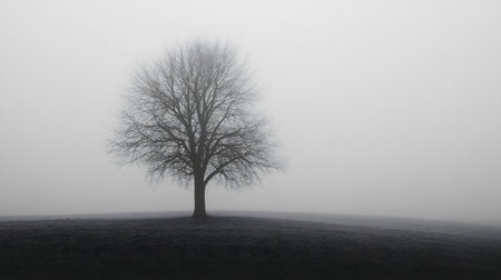 A single, leafless tree stands alone in a misty field. The scene is serene and quiet.の写真素材