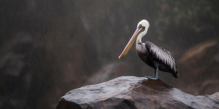 A majestic brown pelican stands on a rock during a rainfall.の写真素材