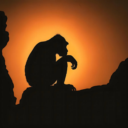 Silhouette of a chimpanzee sitting on rocks during sunset. Peaceful, contemplative mood.の写真素材