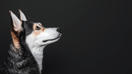 Close-up portrait of a beautiful husky dog against a dark background.の写真素材