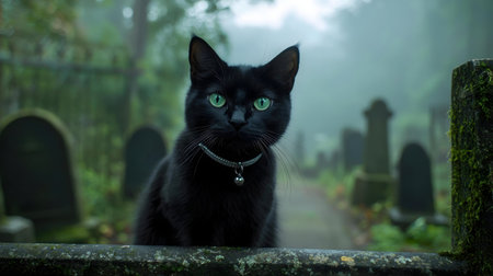 A black cat with bright green eyes sits on a fence in a foggy cemetery.の写真素材