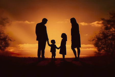 Silhouette of a family at sunset. Love, unity, and family bondsの写真素材