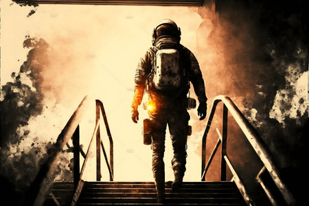 Lone astronaut climbs steps in smoky, post-apocalyptic setting.の写真素材