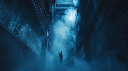 A lone figure shrouded in mist wanders through a dark, mysterious urban alley.の写真素材