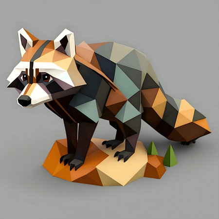 Low poly 3D render of a raccoon.の写真素材