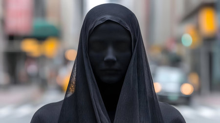 A person shrouded in black clothing, their face obscured in an urban setting.の写真素材