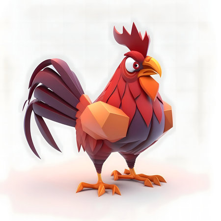 Stylized 3D digital art of an angry rooster. Low poly design.の写真素材