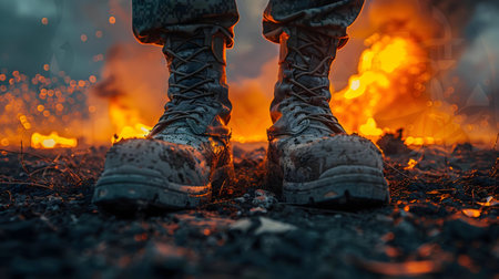 Close-up of muddy boots in front of fire. War, danger.の写真素材