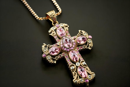 Close-up of a stunning pink gemstone cross pendant necklace. Gold chain, intricate details.