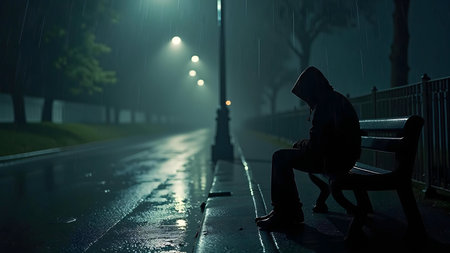 A lone figure sits on a park bench during a rainy night, streetlights illuminating the scene.の写真素材
