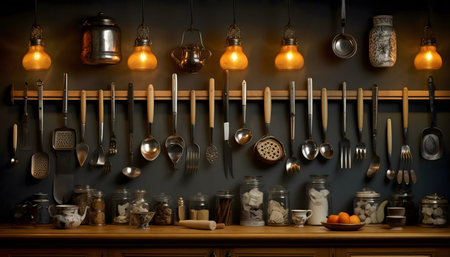 A rustic kitchen scene with vintage utensils, antique jars, and warm lighting.の写真素材