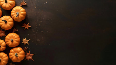 Pumpkins and autumn leaves arranged on dark surface. Perfect for Thanksgiving or fall theme.