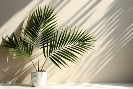 A minimalist image of a palm plant in a white pot, bathed in sunlight. The shadows add depth.の写真素材