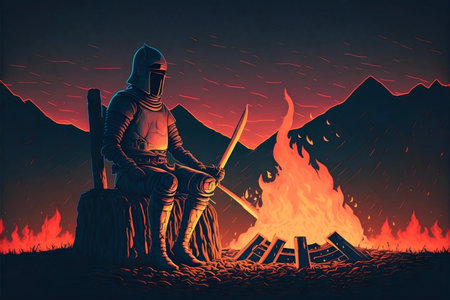 A lone knight rests by a roaring fire, amidst a dramatic mountain range at night.の写真素材