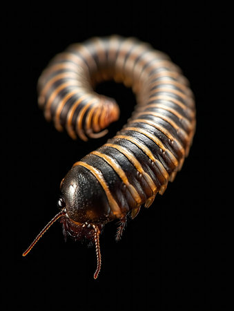 A detailed macro photograph of a millipede, showing its intricate segments and vibrant colors...
