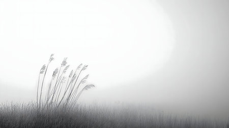 Monochromatic image of tall grass in a misty meadow.の写真素材