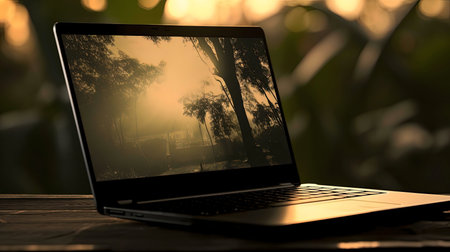 Laptop showcasing a tranquil sunset forest scene.