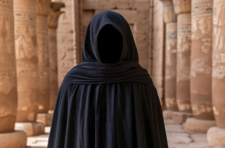 A hooded figure stands in the ruins of an ancient temple. Mystery and intrigue surround this image.の写真素材