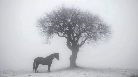 A black horse stands near a leafless tree in a foggy field. Winter scene.の写真素材