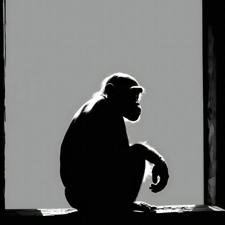 A striking black and white silhouette of a chimpanzee, sitting thoughtfully. The image evokes a sense of peace and introspection.の写真素材