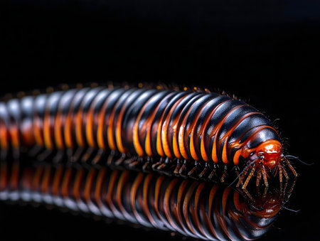 A detailed macro shot of a millipede with vibrant orange and black segments, reflected on a black surface.の写真素材
