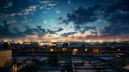 Stunning night cityscape from rooftop, showcasing illuminated city skyline under a dramatic sky.の写真素材