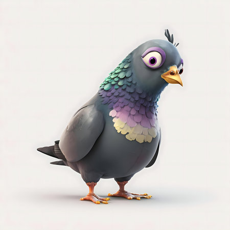 A charming 3D rendered cartoon pigeon. Its vibrant feathers and cute expression make it adorable.の写真素材
