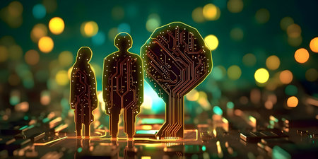 Digital family standing near a circuit board tree. Symbolic of tech, future, and growth.の写真素材