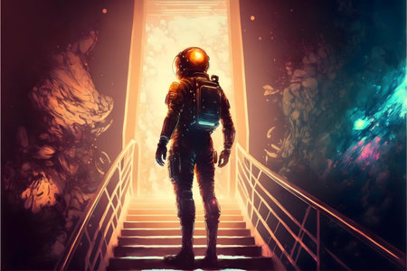 An astronaut stands before a luminous portal, ready for exploration. Cosmic wonders await.の写真素材