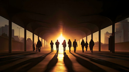 Silhouetted figures walking towards a vibrant sunrise in a city.の写真素材