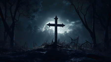A weathered cross stands tall against the backdrop of a full moon, casting long shadows in a dark forest. The scene evokes a sense of mystery and calm.の写真素材