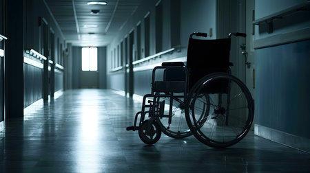 A lonely wheelchair sits in a dim hospital corridor.の写真素材