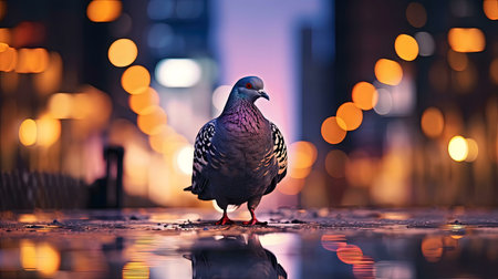 A lone pigeon stands in a puddle, reflecting city lights.の写真素材